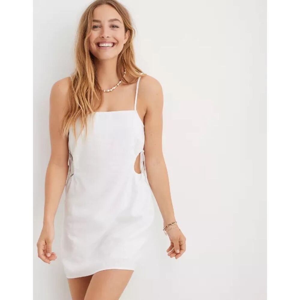 AERIE Side Cut Out Linen Blend White Mini Sundress Size M Smocked Back Side Ties